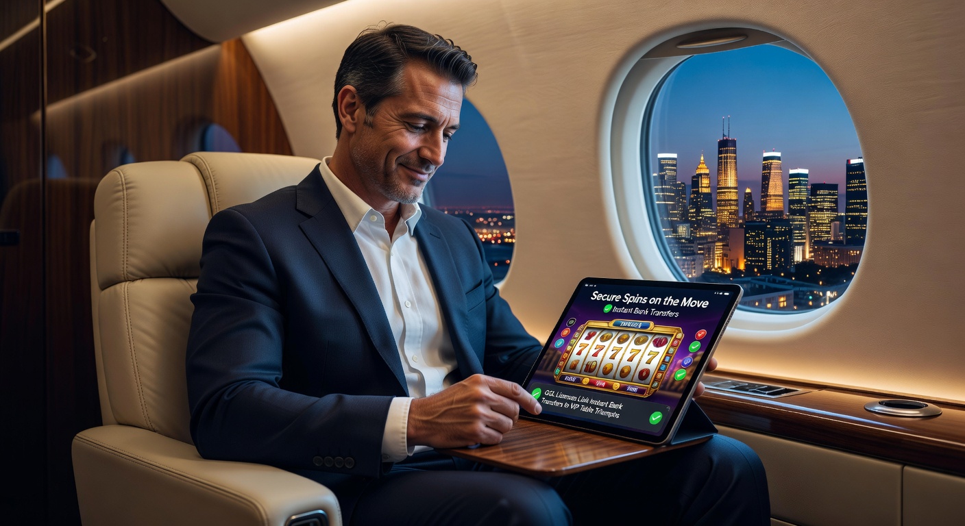 Smartphone mit Casino-App, das eine sichere Banküberweisung und einen VIP-Live-Tisch zeigt, umgeben von GGL-Lizenz-Symbolen